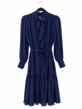 NWT Joie Navy Silk Ruffle Tie-Neck Long Sleeve Midi Dress